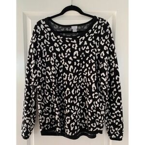 Chico's Women's Animal Print Sweater Leopard Black Off-White Sz 2  0008